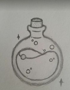 a drawing of a flask with bubbles in the bottom and an arrow on top