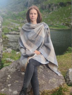 "Pure Lambswool Cape, Ruana, Wrap , Shawl - 100% Pure New Wool - beige blue check - supersoft - HANDMADE IN IRELAND Kate Irish Tweed Store luxury wraps are elegantly stylish and wrap you in warmth. They can be worn in all seasons and can cover a multitude of sins! They are both practical and hard wearing and their versatility means they look fantastic in the town or country and work for both special occasions or for every day wear. - Extremely versatile wrap, - Can be worn so many ways - Can be Irish Tweed, Ruana Wrap, Creative Mom, Aran Sweater, Killarney, Wrap Shawl, Oversized Scarf, Wool Shawl, Tweed Fabric