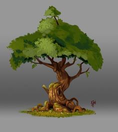 an animated tree with green leaves on it's trunk and branches, in the middle of