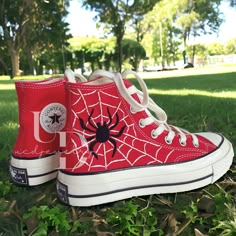 Custom Chucks are your canvas for self-expression. Now you can show off your style in a mix of canvas and denim, topped with summer-inspired embroidered graphics, like butterflies, cactuses, and bright poppies. - High-quality canvas material is thick, durable, and light to help keep the shoe in shape - High-neck design for personality and comfort on the go. - Higher sole in ivory color and glossy finish for easy access. Easy to clean - Ortholite footbed helps you walk smoothly and gently - The logo on the back of the shoe has been renovated in white text on a black background with vintage font - Piercing and side eyelets are made from high-grade rust-resistant metal. With dreamy florals and winding stems, this beautiful pattern will add a whole new dimension to your plain converse. You are Spider Man Shoes Converse, Spider Web Converse, Web Converse, Spider Man Converse, Plain Converse, Spiderman Converse, Christmas Converse, Custom Chucks, Embroidery Spider