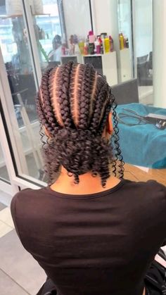 medium cornrows with curls Bold Braids Hairstyles, Corn Rows With Curls At The End, Cornrow Ideas With Curls, Micro Knotless Braids With Curls, Large Conrows Lines For Black Women, Cute Stitch Braids With Curls, Ghana Weaving Cornrows, All Back Ghana Weaving Styles With Curls, Big Conrows Lines And Braids