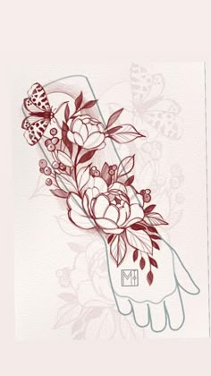 a drawing of flowers and butterflies on a white background