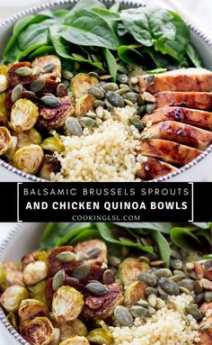 balsamic brussel sprouts and chicken quinoa bowls with spinach