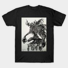 a black and white drawing of a creature on a t - shirt