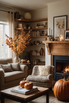 a living room filled with furniture and a fire place in front of a large window