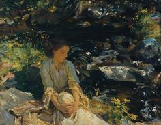 a painting of a woman sitting next to a stream