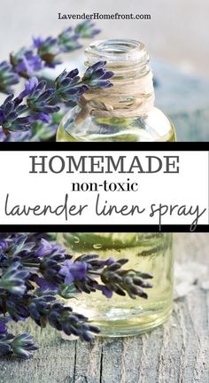 homemade lavender linen spray in a glass bottle