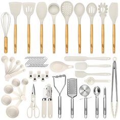 a collection of kitchen utensils and spoons