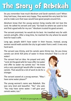 the story of rebekah with an image of a woman in blue dress holding a basket