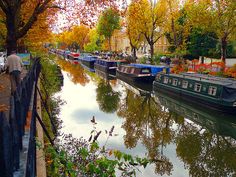 several boats are parked along the side of a river in autumn time, with trees and foliage on both sides