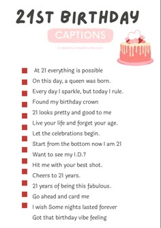 a birthday card with the words 21st birthday captions in red and white on it