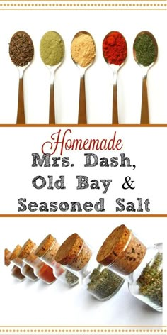 homemade mrs dash old bay and seasoned salt in spoons with text overlay that reads homemade mrs dash old bay and seasoned salt