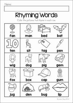 the rhyming words worksheet is shown in black and white, with pictures on