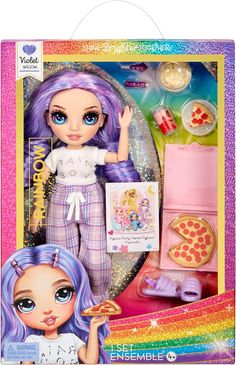 a doll with purple hair and blue eyes holding a pizza slice in front of her face