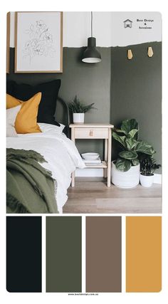 a bedroom with grey walls and yellow accents