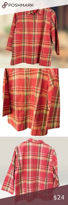 Liz Claiborne Villager Plaid Linen Button Down Size M Host Pick Coral And Gold, Beautiful Blouses, Golden Color, Liz Claiborne, Sri Lanka, Sweater Top, Button Downs, Plaid, Closet