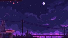 a cat sitting on top of a wooden bench under a purple sky with stars and clouds