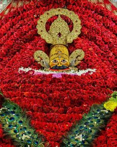 an elaborately decorated display with red flowers and peacocks in the center, surrounded by feathers