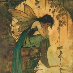 a painting of a fairy sitting on a rock