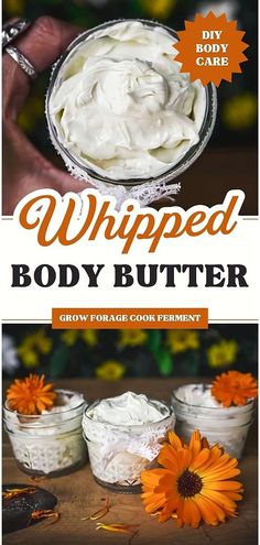 whipped body butter with flowers in the background and text overlay that reads, whipped body butter