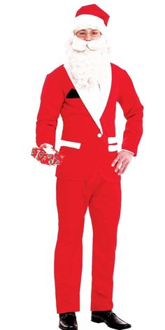 Trade in the traditional old Santa suit for something a little bit more stylish! Package includes a red Santa hat with white trim, red suit jacket with white trim, and red pants. Additional accessories pictured, such as wig, beard, glasses, shirt and shoes, are not included. Perfect for your next holiday party or for playing Santa on Christmas! Adult sizes. Red Suit Jacket, Red Santa Hat, Santa Claus Costume, Santa Suit, Santa Suits, Red Suit, Red Pants, Next Holiday, White Trim