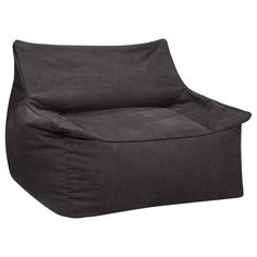 a black bean bag chair sitting on top of a white floor