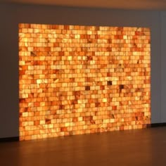 a room with a large wall made out of orange tiles on the wall and wood flooring