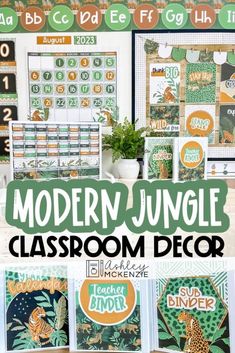 the modern jungle classroom decor is displayed in green and orange