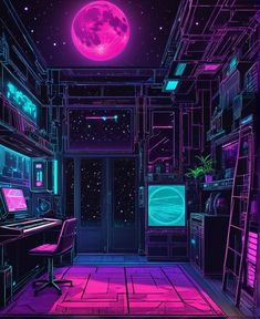 an image of a room that is lit up with neon lights and the moon in the background