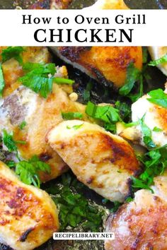 chicken in a skillet with herbs on top and the title overlay reads how to oven