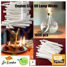 collage of photos with candles and items for making clay oil lamp wicks