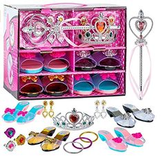 an assortment of princess shoes and accessories in a toy storage unit with tiara, shoe clips, necklaces, bracelets and earrings