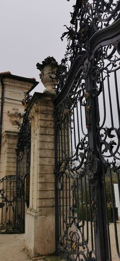 an ornate iron gate is shown in front of a building