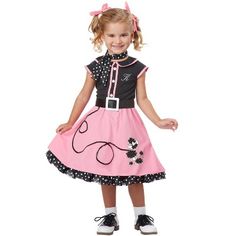 The 50's Poodle Cutie Toddler Costume is a complete costume that's the bees knees! With this outfit, she'll be ready shake, rattle, and roll this Halloween! Grease Halloween Costumes, Poodle Skirt Costume, Poodle Dress, 50s Costume, Toddler Costumes Girl, California Costumes, Vintage Halloween Costume, Sock Hop, Black And Pink Dress