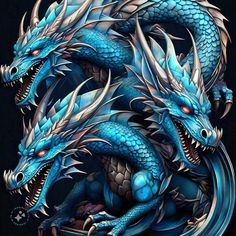 two blue dragon with red eyes on their faces