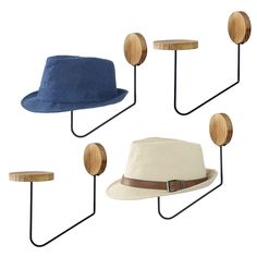 three hats, one with a hat rack and the other with wooden hooks on it