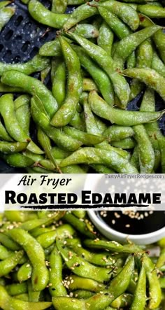 some green beans are being cooked in the air fryer and seasoning them with sesame seeds