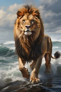 a painting of a lion running through the water