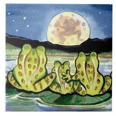 a painting of some green plants in front of a full moon