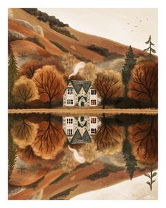 a painting of a house in the middle of a lake surrounded by trees and mountains