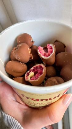 a person holding a bowl filled with chocolate covered fruit