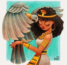 an egyptian woman holding a large bird in her hand and wearing gold jewelry on it's head