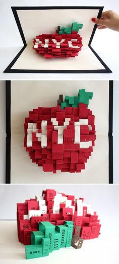 an apple made out of legos on a white surface with black frame and border