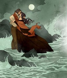 a man and woman are hugging in the ocean with waves crashing around them, under a full moon