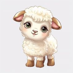 a white sheep with brown ears and green eyes