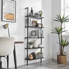 a living room with a chair, desk and bookshelf next to a potted plant