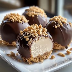 three chocolate covered desserts on a plate with nuts and crumbled toppings