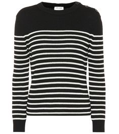 Take casual looks in a classic direction with this timeless striped sweater from Saint Laurent. Made in Italy from a cotton and wool knit, the design is finished with nautical flair with button details skirting over one shoulder. Chanel Resort, Blue Striped Shirt, Camel Sweaters, Vogue Uk, High Neck Sweater, Wool Turtleneck, Nautical Fashion