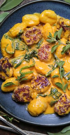 Creamy Pumpkin Gnocchi with Spinach and Sausage on a blue plate. Gnocchi With Spinach, Sausage Gnocchi, Pumpkin Sausage, Pumpkin Gnocchi, Potato Gnocchi, Fall Comfort Food, Fall Cooking, Fall Dinner, One Pan