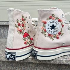 Embroidered Converse Converse Platform White, Painted Converse High Tops, Spring Converse, Flower Converse, Kawaii Mushroom, Converse Logo